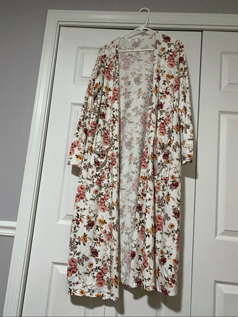 LuLaRoe Cream Floral Kimono cardigan with Pink & Yellow Roses